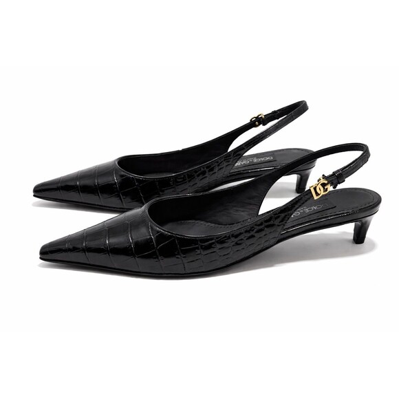 Dolce & Gabbana Shoes - Dolce Gabbana Black Patent Croc Slingback Kitten Heel Pumps 38 US 8 DG Logo NIB